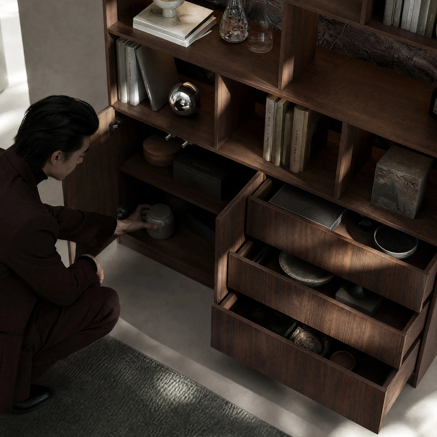 Storage Cabinet with Open Shelves and Drawers-Brown