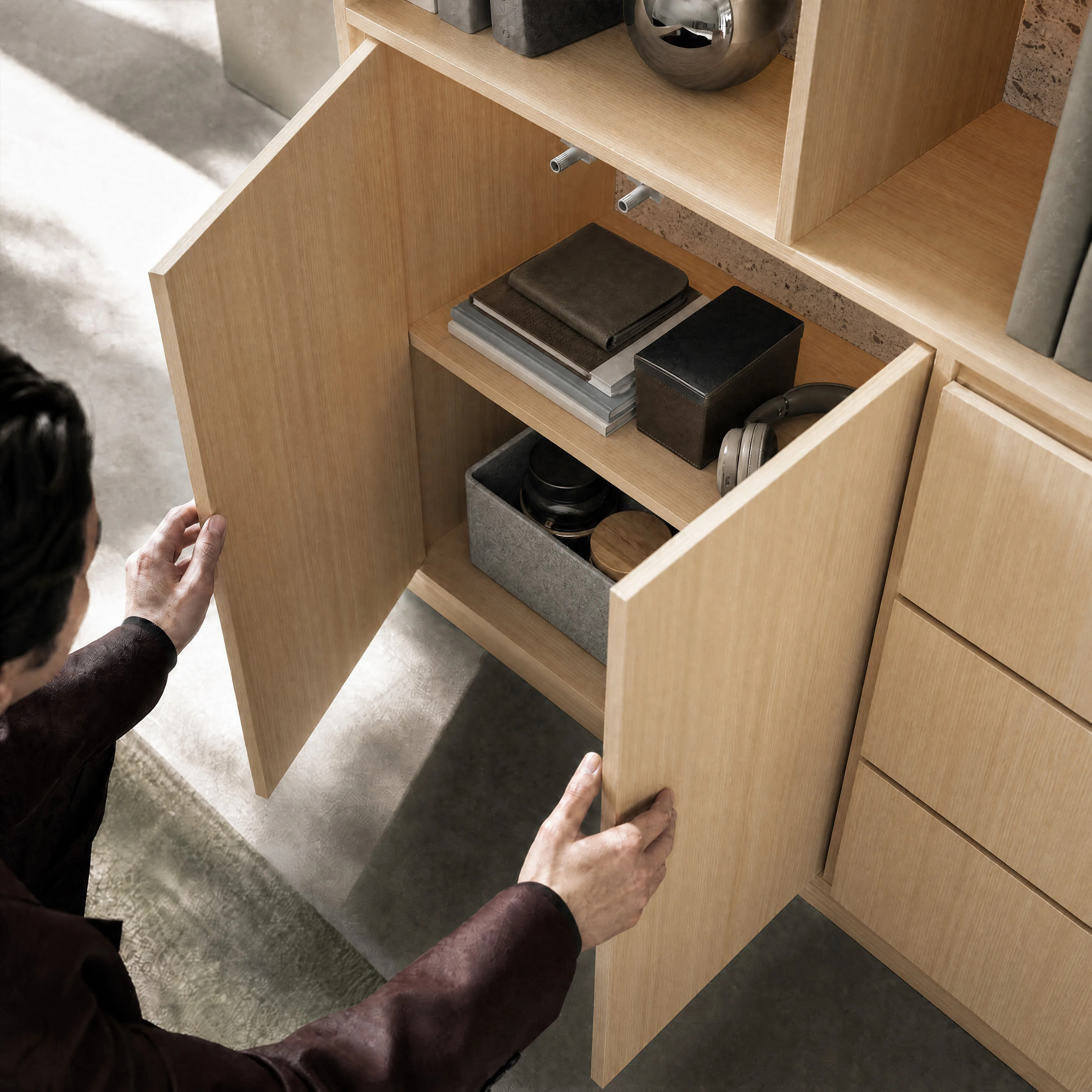 Storage Cabinet with Open Shelves and Drawers-Natural