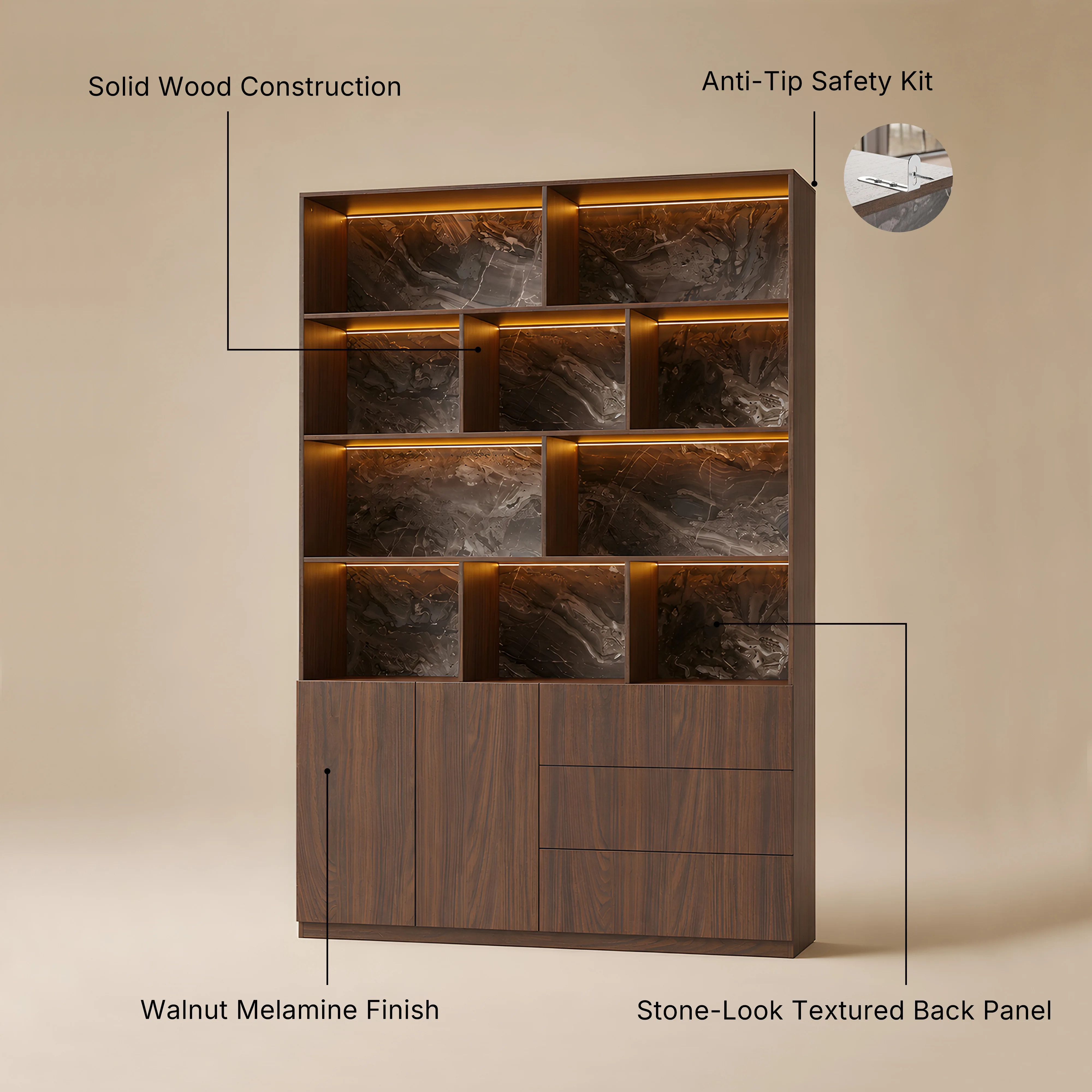 Storage Cabinet with Open Shelves and Drawers-Brown