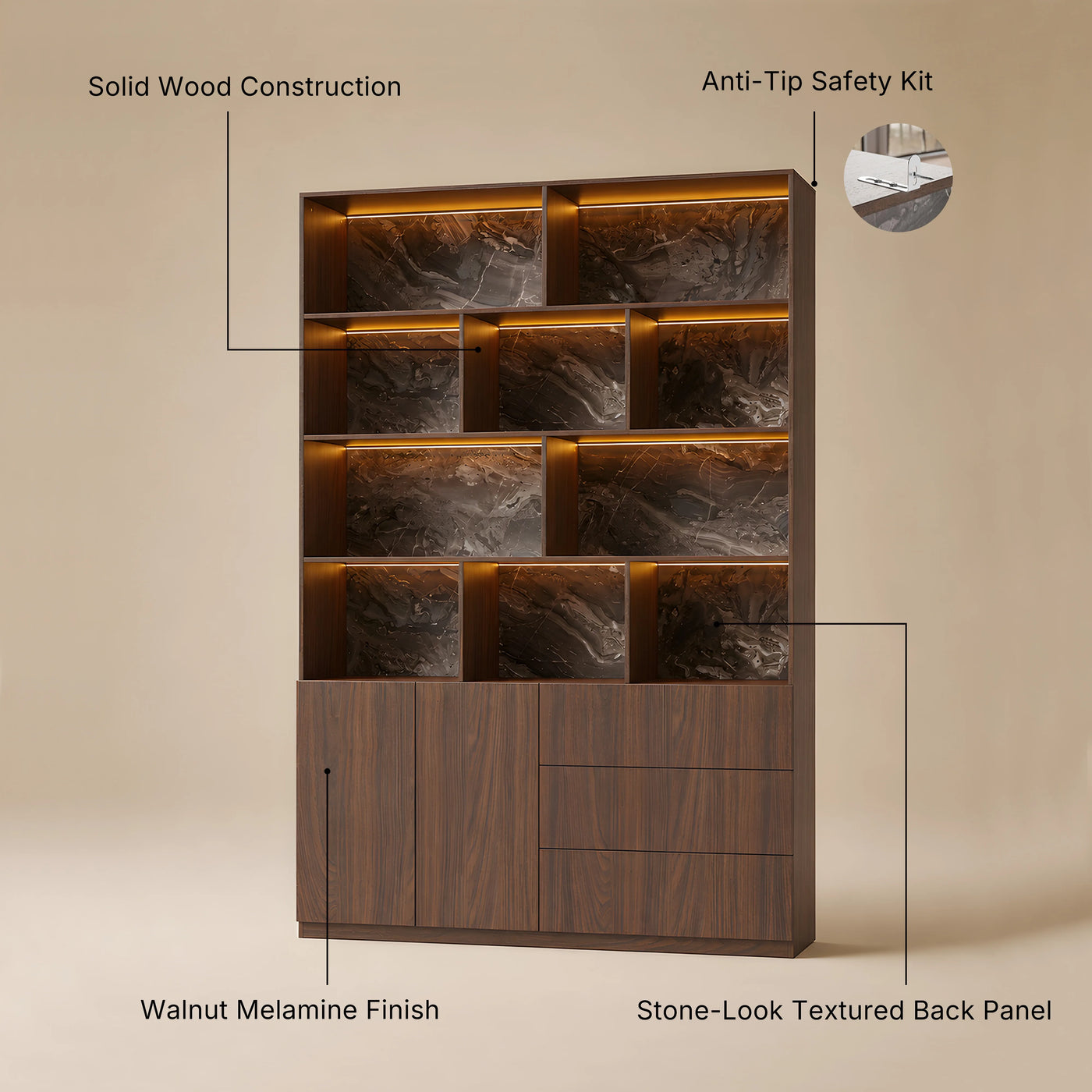 Storage Cabinet with Open Shelves and Drawers-Brown