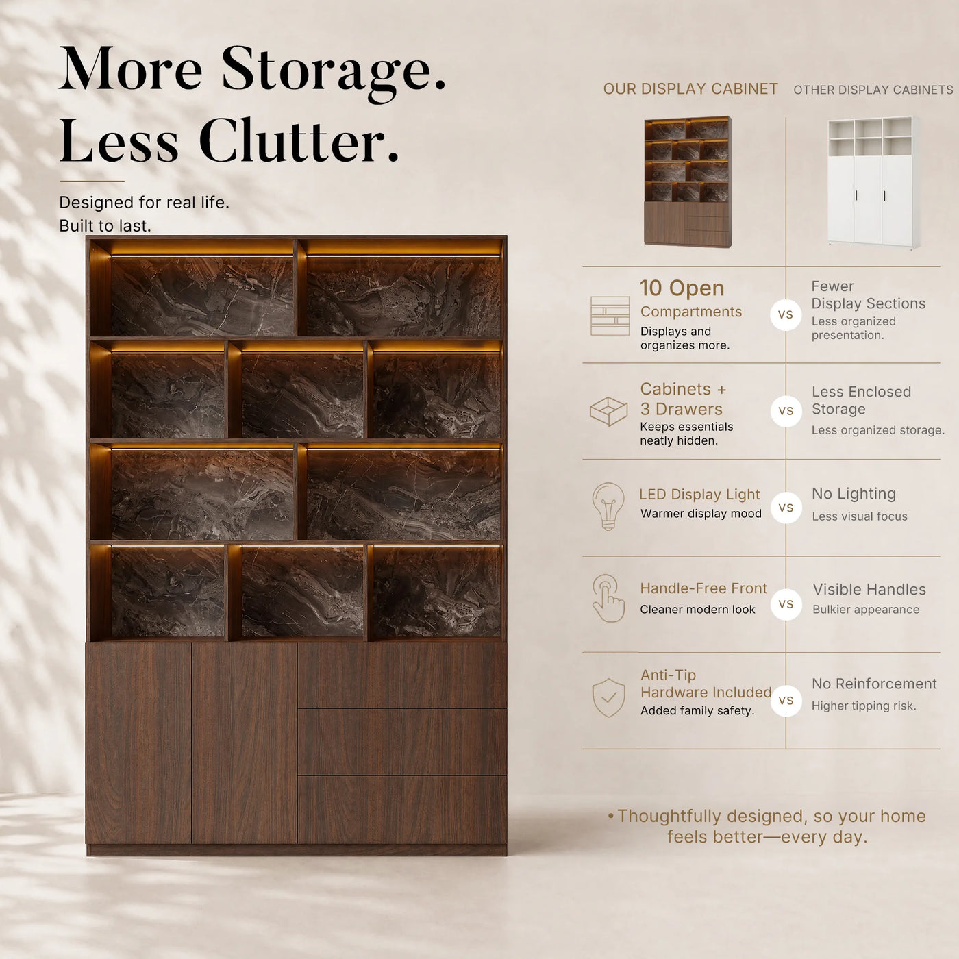 Storage Cabinet with Open Shelves and Drawers-Brown