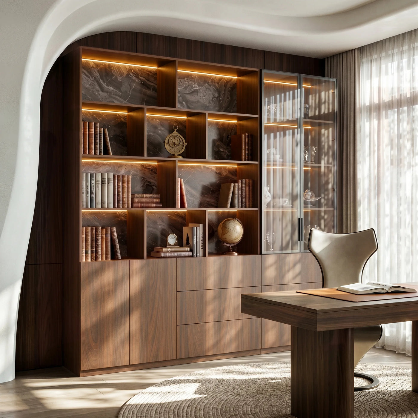Bookcase Storage Cabinet Set with Drawers-Brown