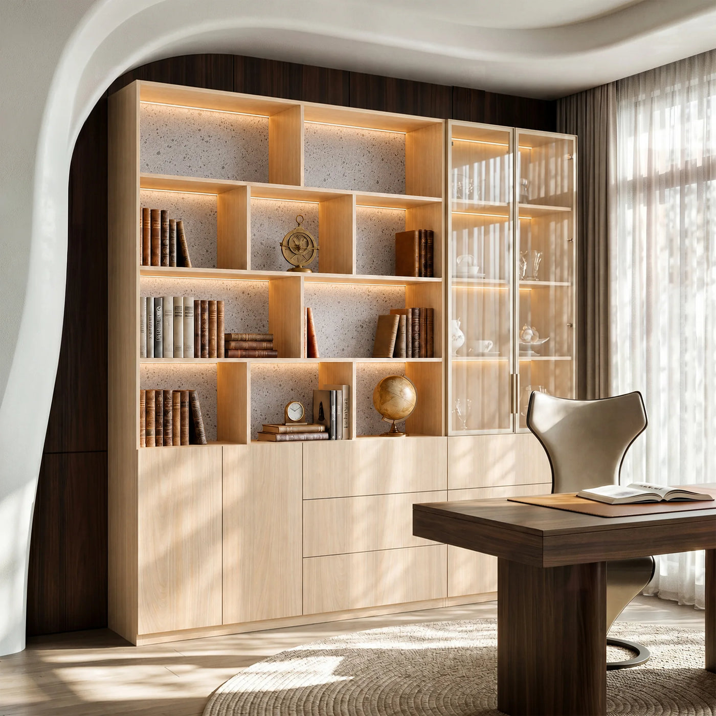 Bookcase Storage Cabinet Set with Drawers-Natural