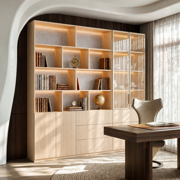 Bookcase Storage Cabinet Set with Drawers-Natural