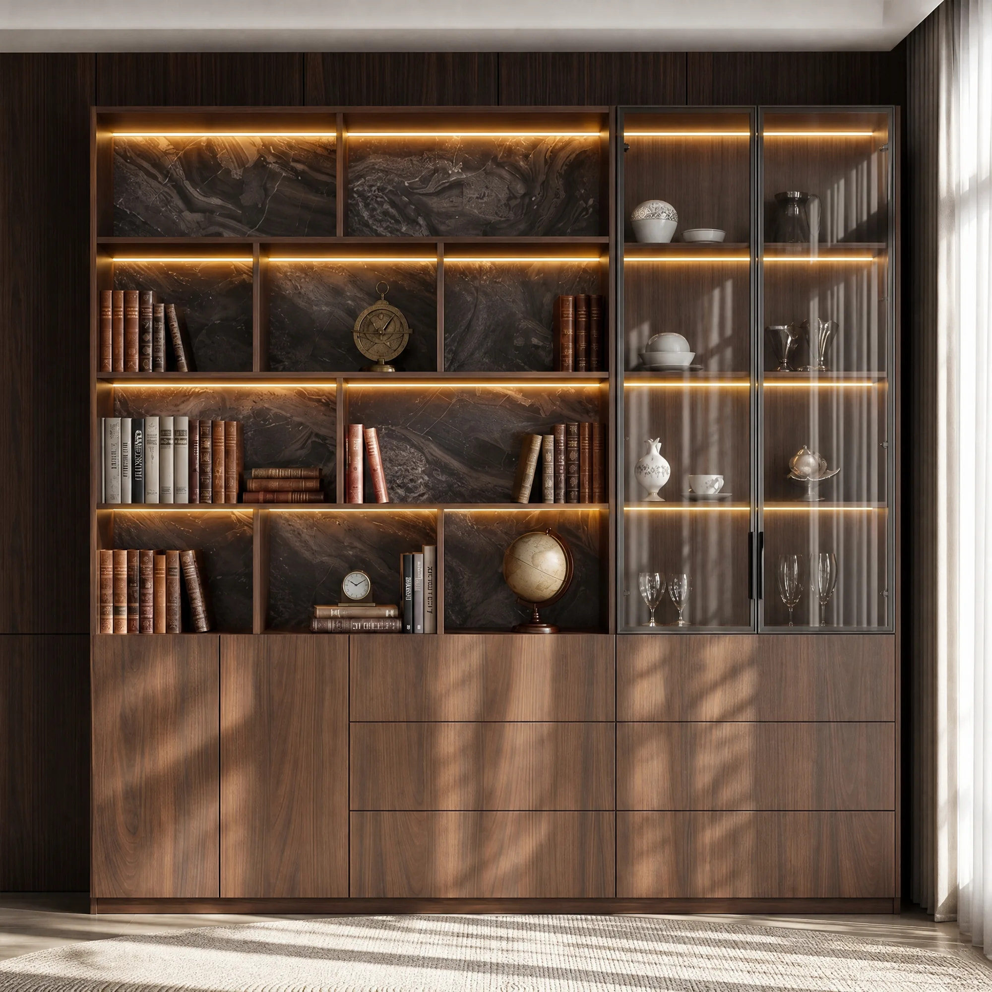 Bookcase Storage Cabinet Set with Drawers-Brown