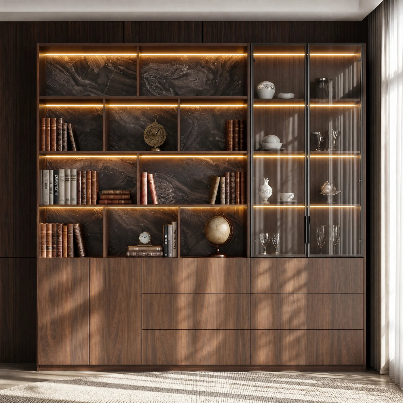 Bookcase Storage Cabinet Set with Drawers-Brown