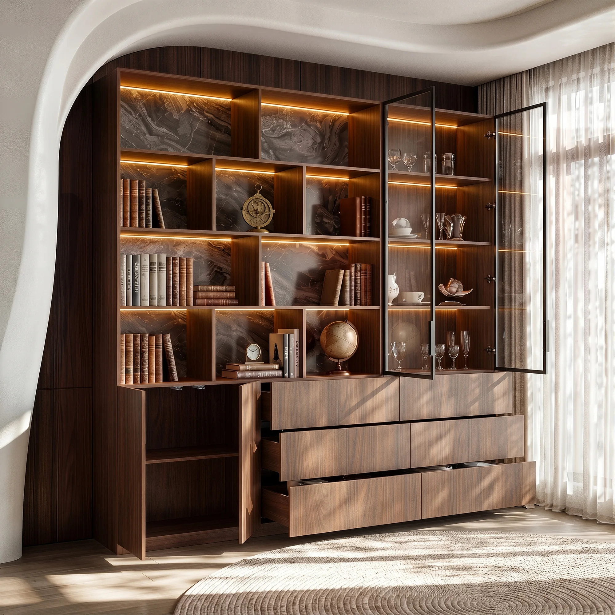 Bookcase Storage Cabinet Set with Drawers-Brown