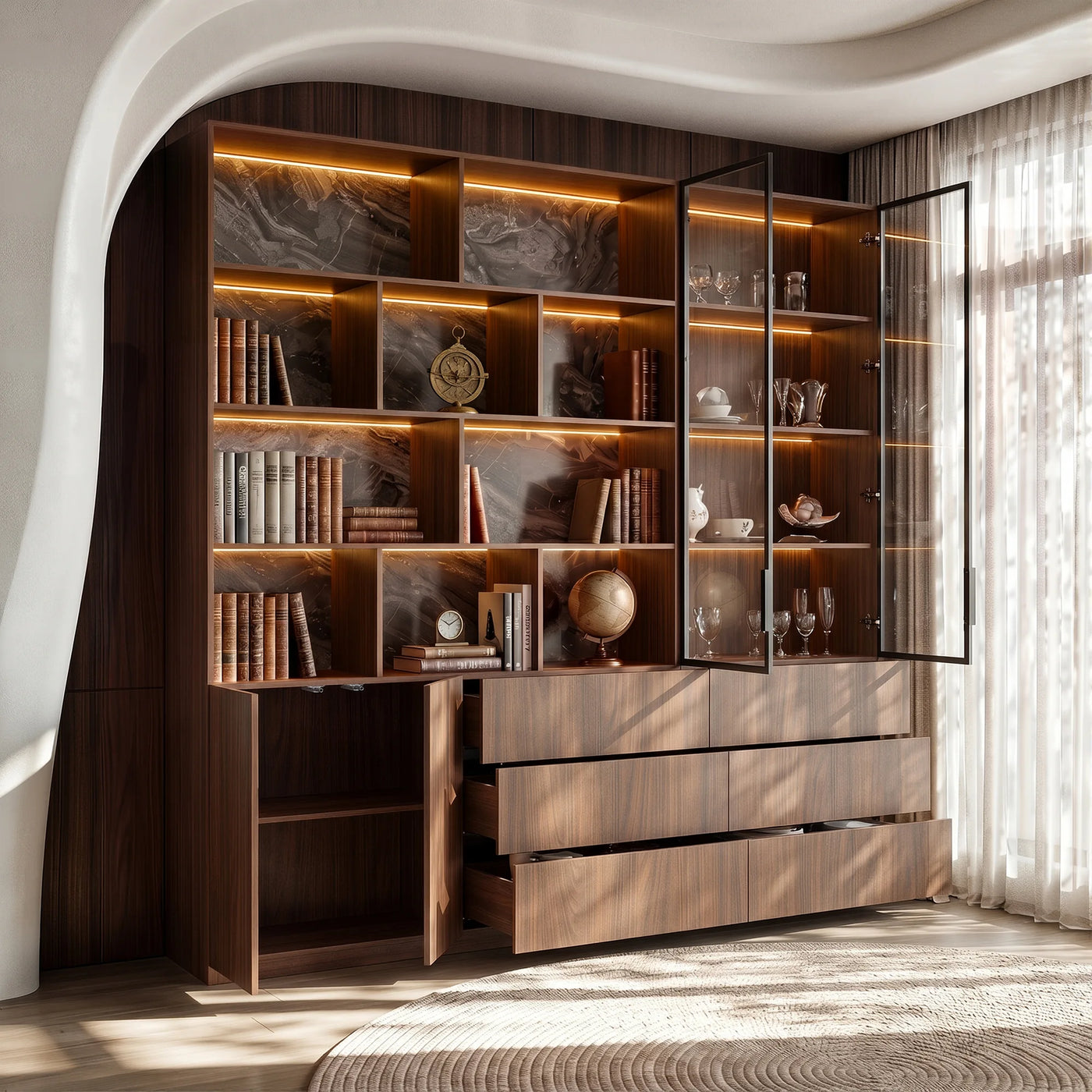 Bookcase Storage Cabinet Set with Drawers-Brown