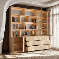 Bookcase Storage Cabinet Set with Drawers-Natural