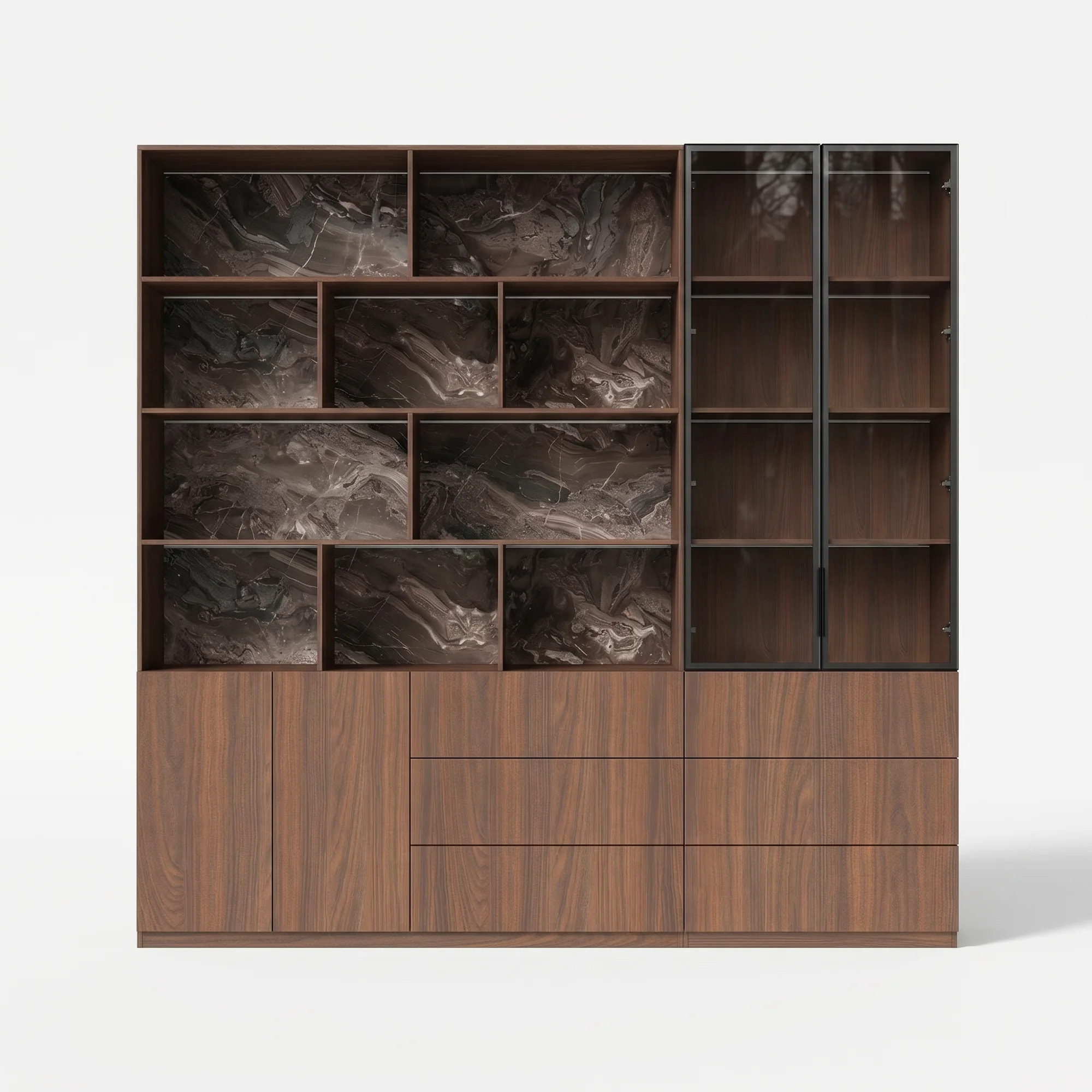 Bookcase Storage Cabinet Set with Drawers-Brown