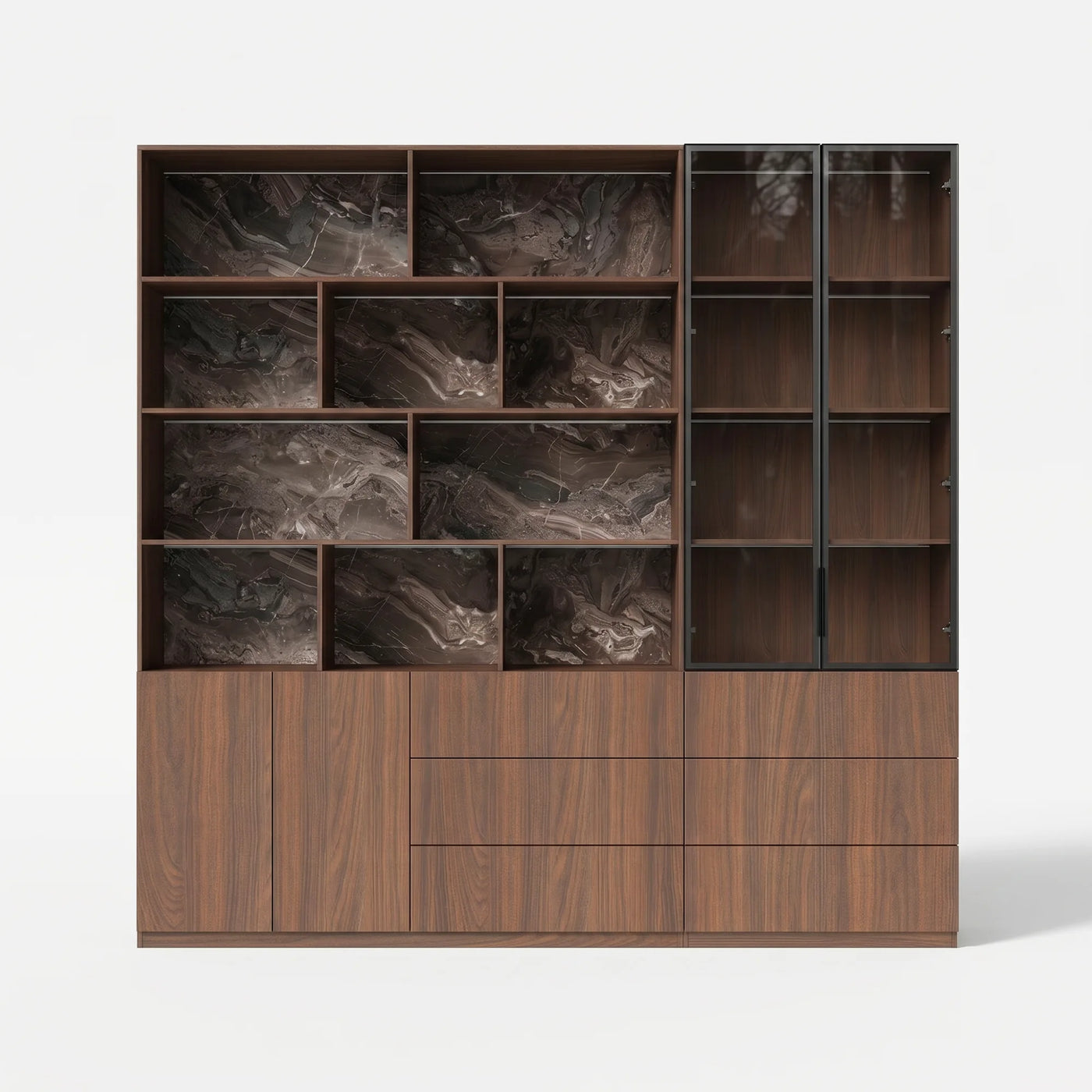 Bookcase Storage Cabinet Set with Drawers-Brown