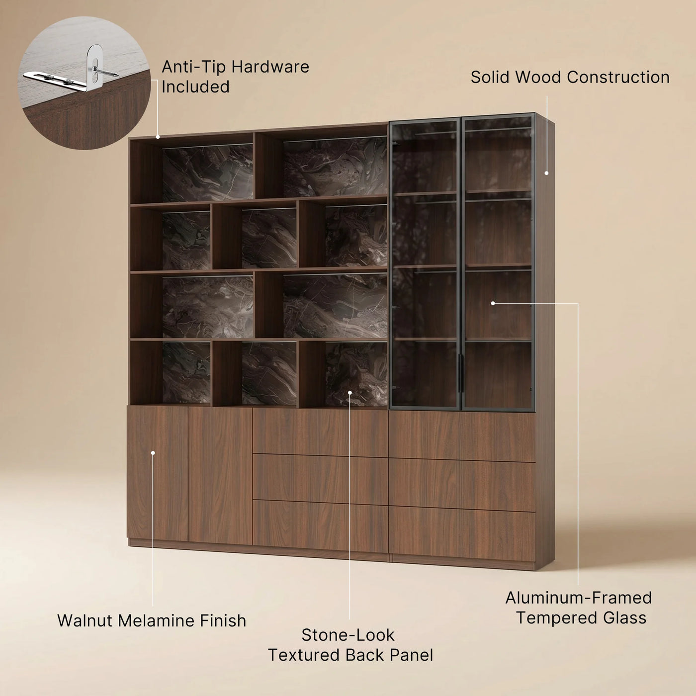 Bookcase Storage Cabinet Set with Drawers-Brown