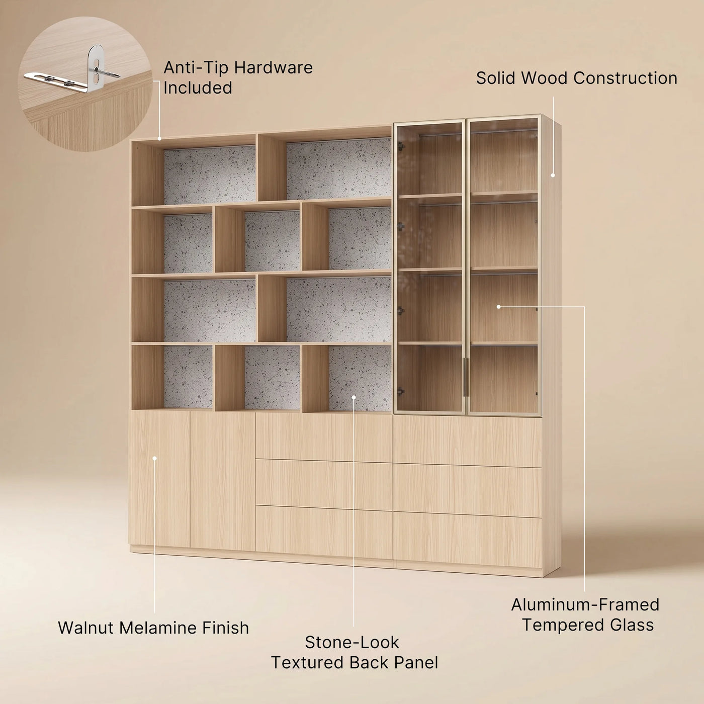 Bookcase Storage Cabinet Set with Drawers-Natural