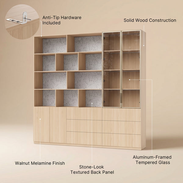 Bookcase Storage Cabinet Set with Drawers-Natural