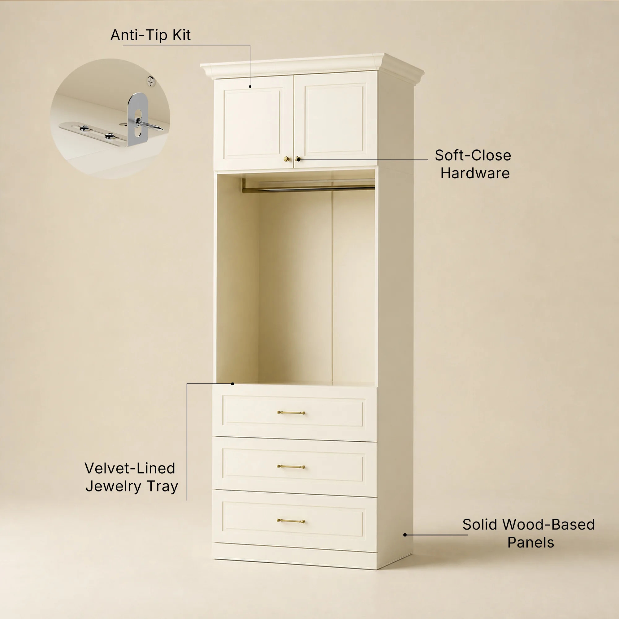 Vestia 2-Door Wardrobe Closet with 3 Drawers