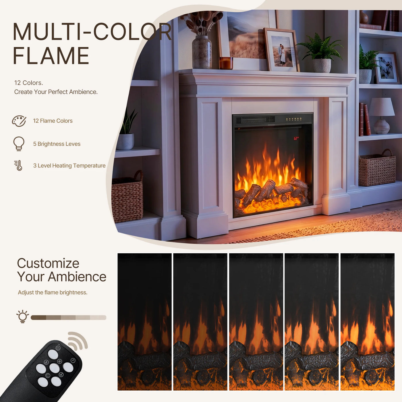 Traditional Entertainment Center with Built-In Electric Fireplace and Bookshelves-White