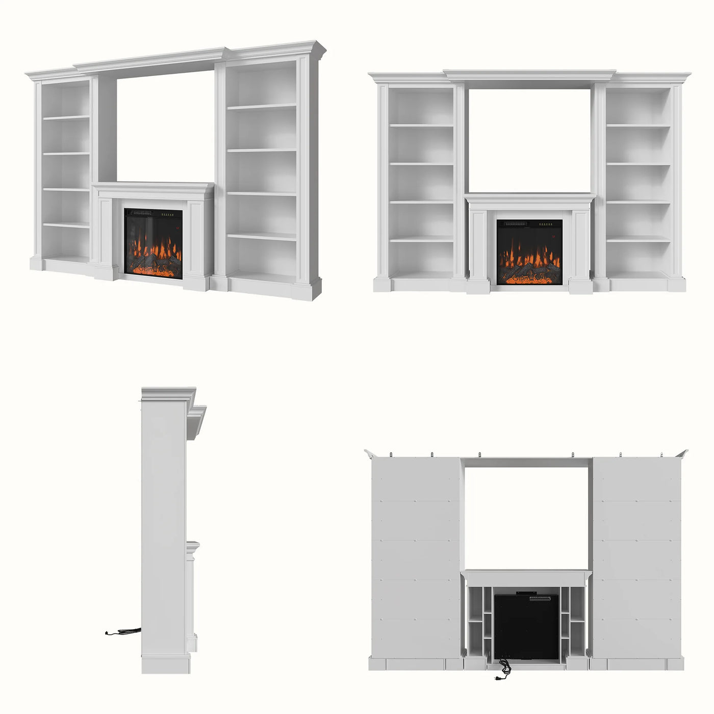 Traditional Entertainment Center with Built-In Electric Fireplace and Bookshelves-White
