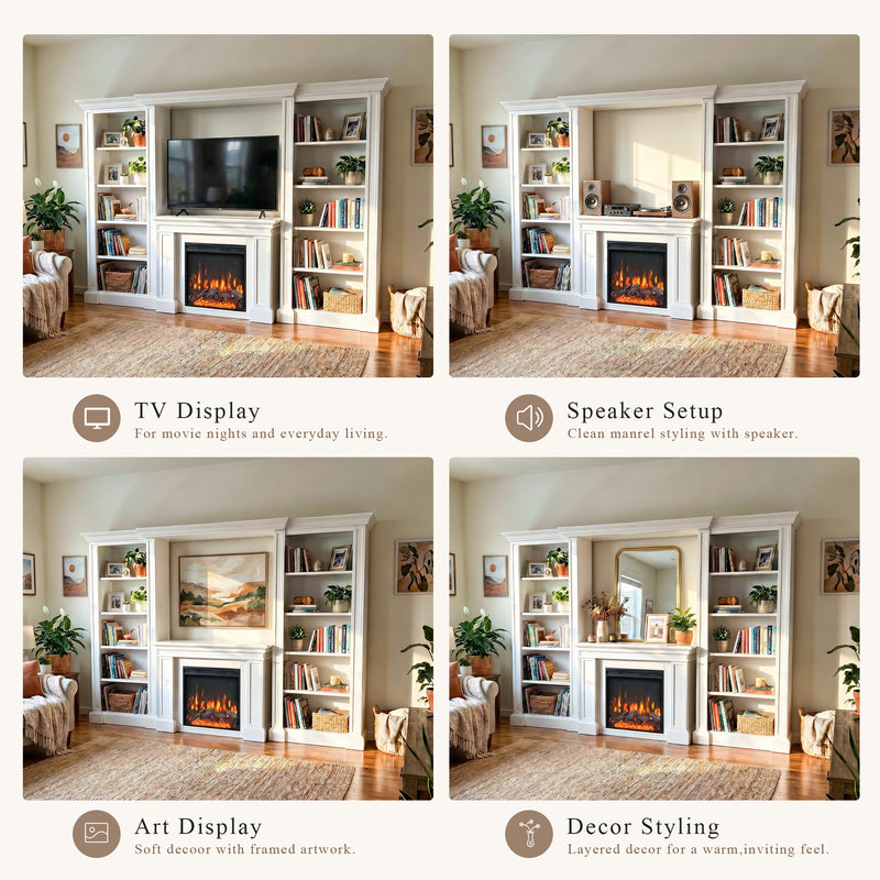 Traditional Entertainment Center with Built-In Electric Fireplace and Bookshelves-White