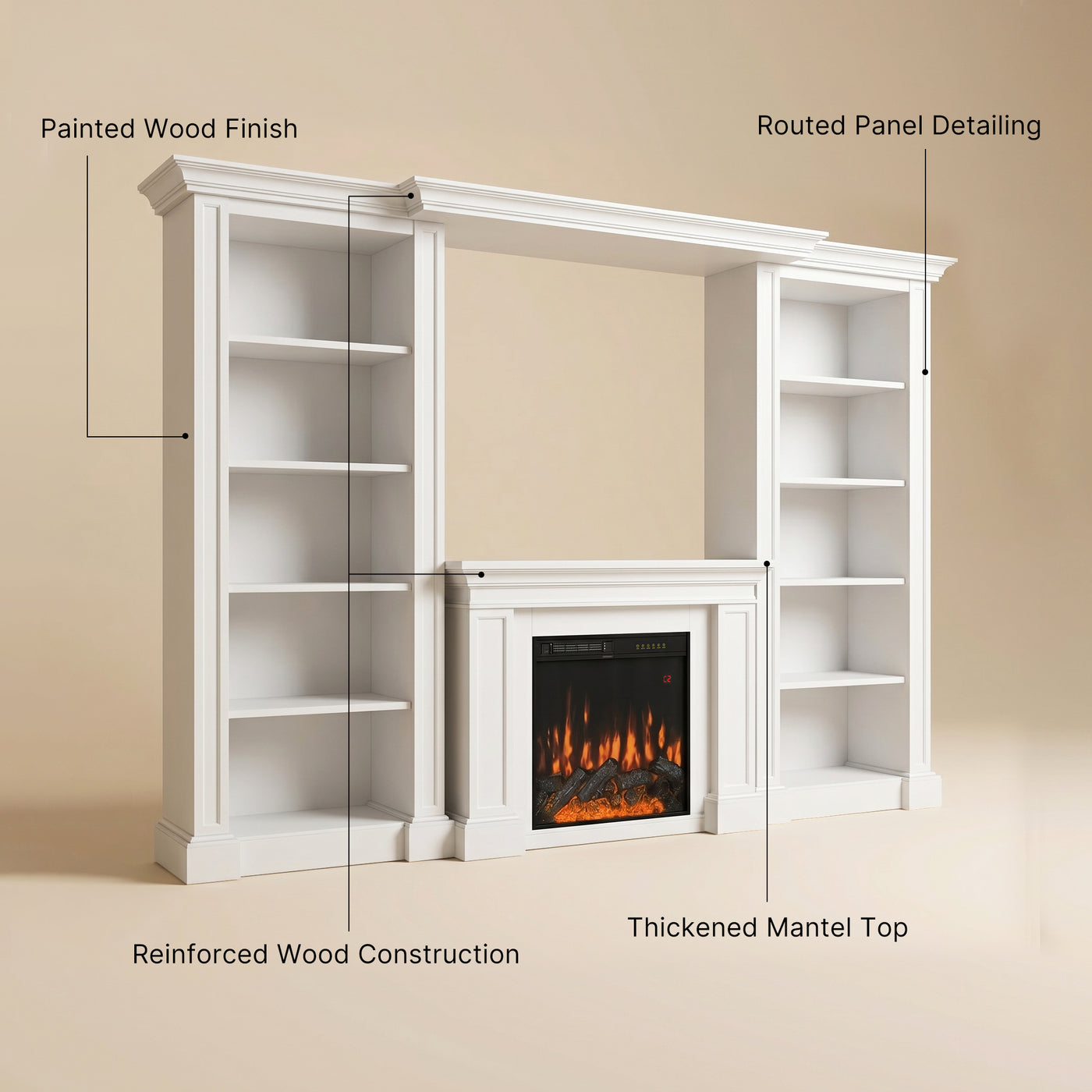 Traditional Entertainment Center with Built-In Electric Fireplace and Bookshelves-White