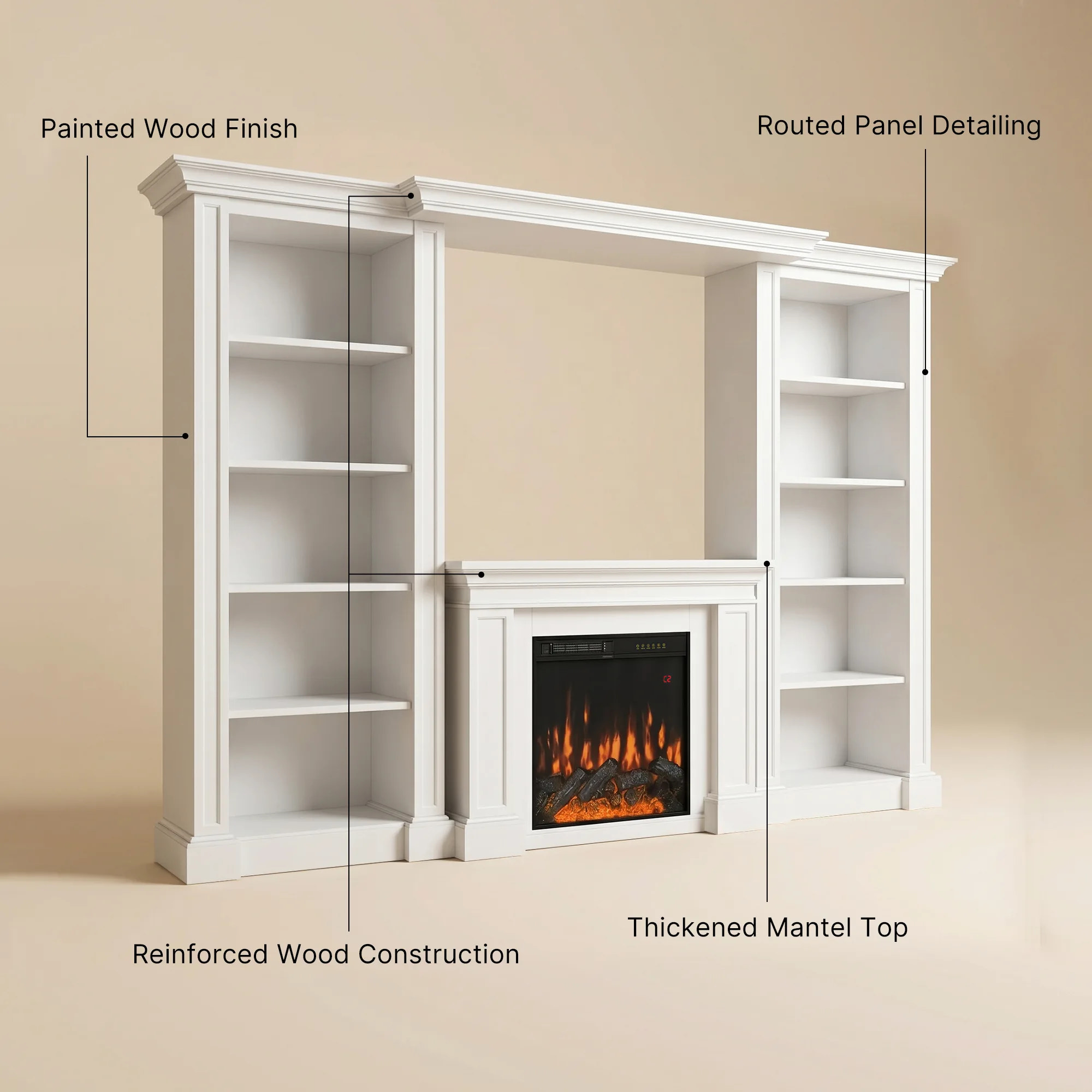 Traditional Entertainment Center with Built-In Electric Fireplace and Bookshelves-White