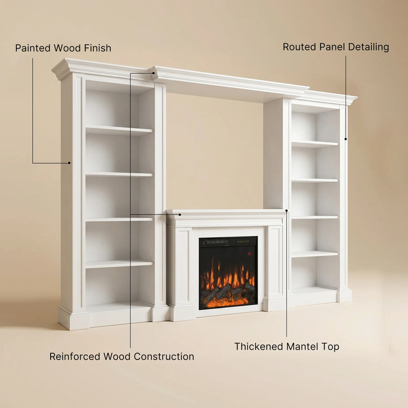 Traditional Entertainment Center with Built-In Electric Fireplace and Bookshelves-White