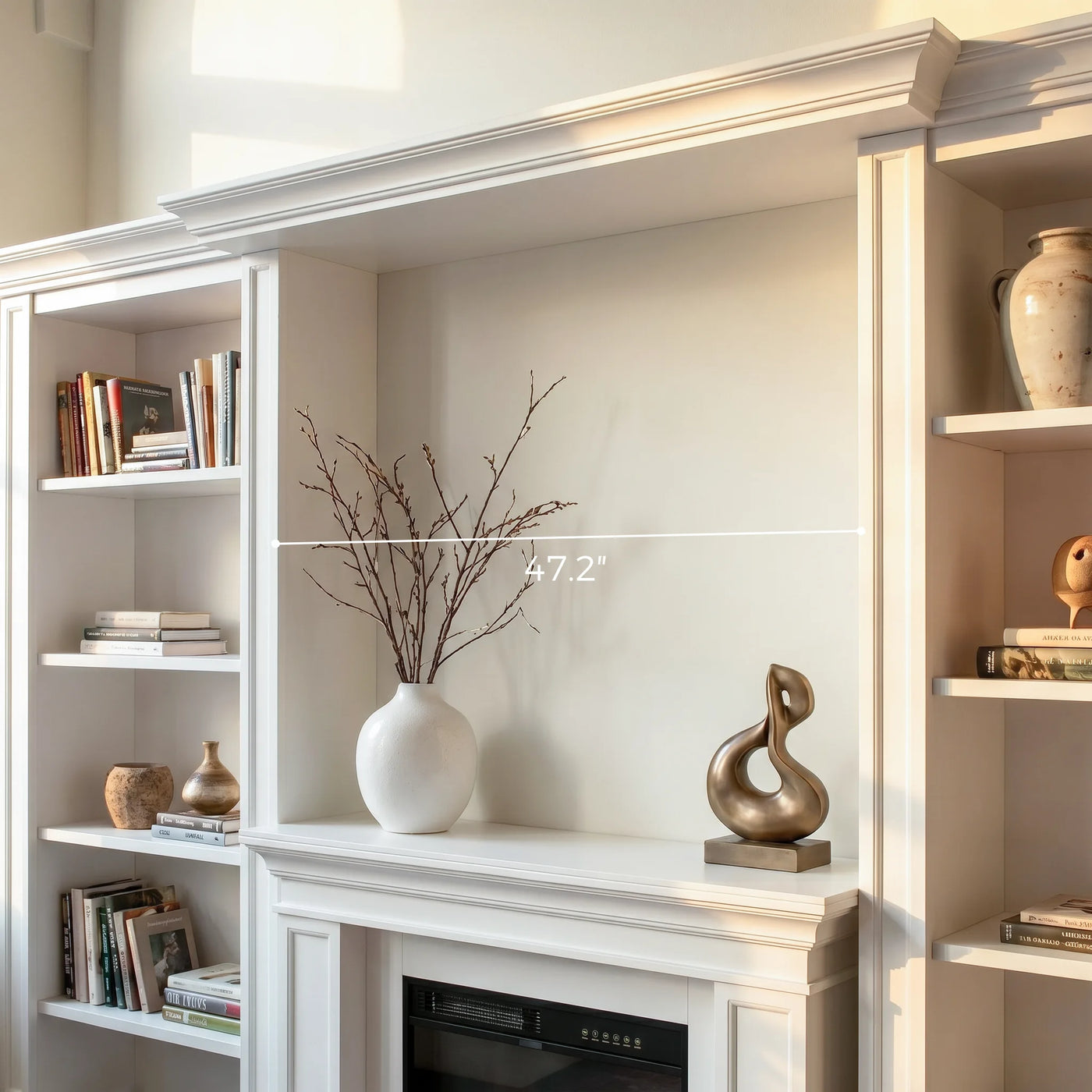 Traditional Entertainment Center with Built-In Electric Fireplace and Bookshelves-White
