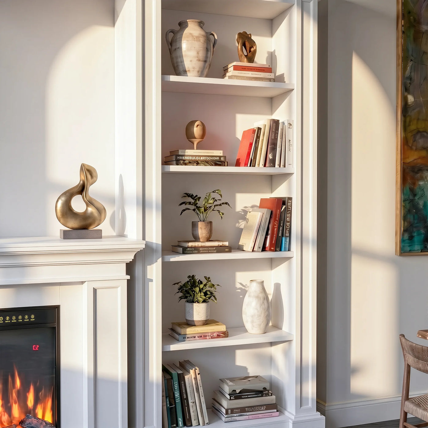 Traditional Entertainment Center with Built-In Electric Fireplace and Bookshelves-White