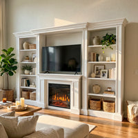 Traditional Entertainment Center with Built-In Electric Fireplace and Bookshelves-White