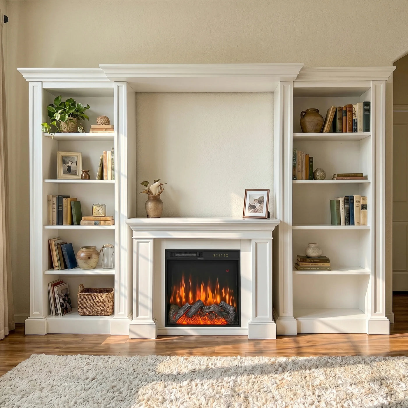 Traditional Entertainment Center with Built-In Electric Fireplace and Bookshelves-White