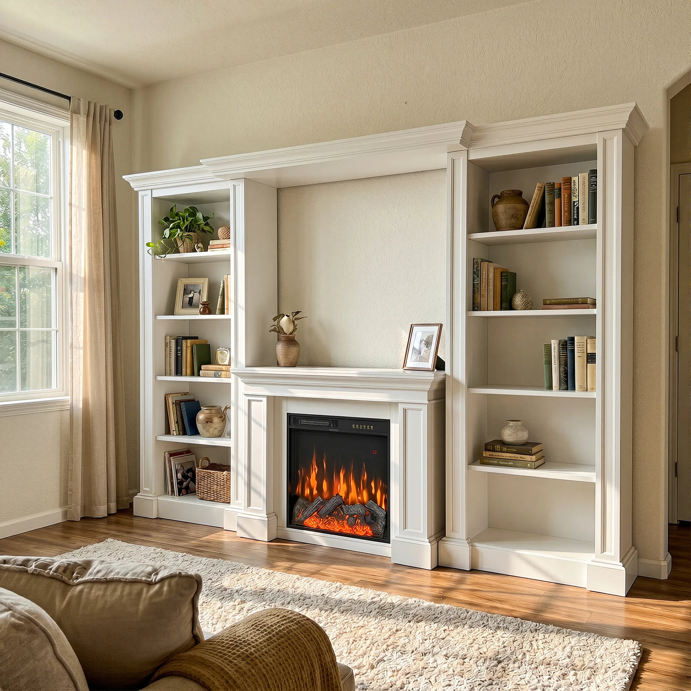 Traditional Entertainment Center with Built-In Electric Fireplace and Bookshelves-White