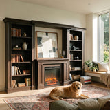 Traditional Entertainment Center with Built-In Electric Fireplace and Bookshelves-Brown