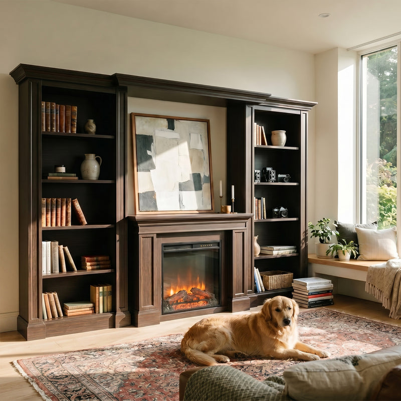 Traditional Entertainment Center with Built-In Electric Fireplace and Bookshelves-Brown