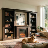 Traditional Entertainment Center with Built-In Electric Fireplace and Bookshelves-Brown