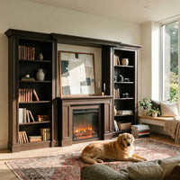 Traditional Entertainment Center with Built-In Electric Fireplace and Bookshelves-Brown