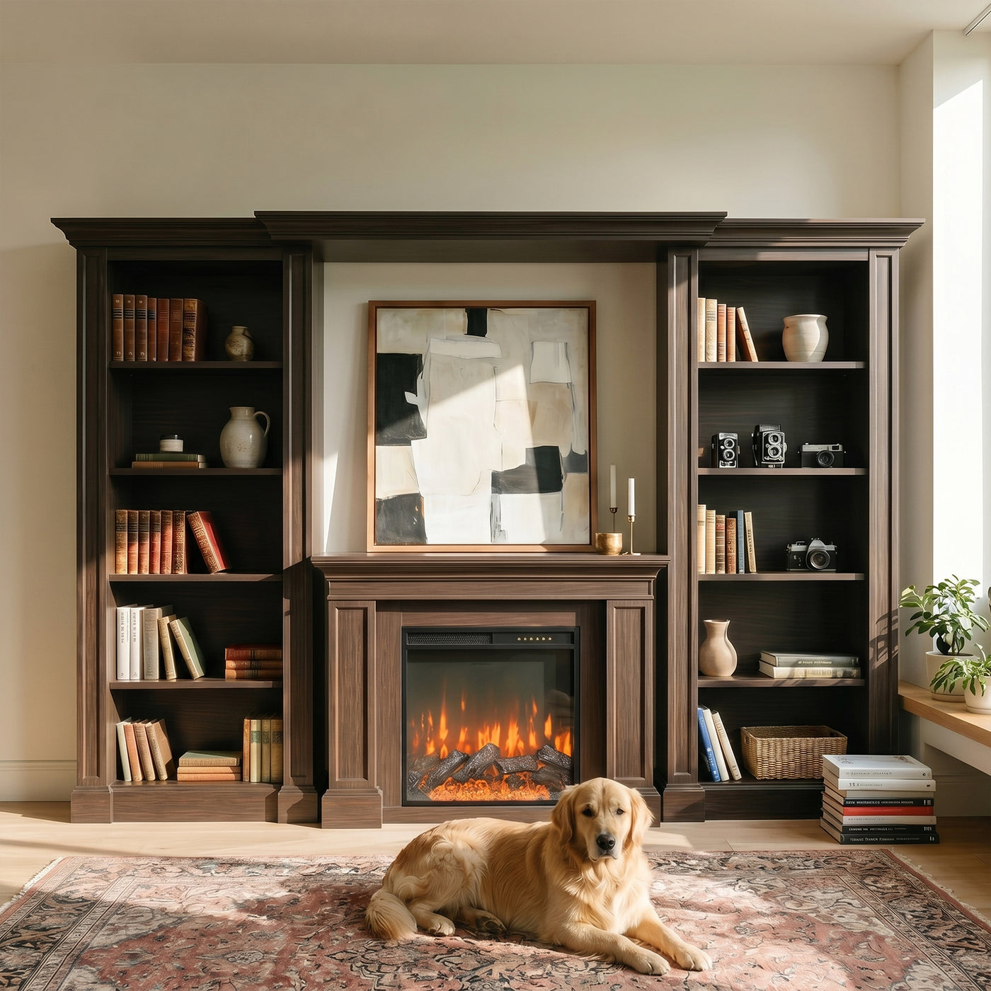Traditional Entertainment Center with Built-In Electric Fireplace and Bookshelves-Brown