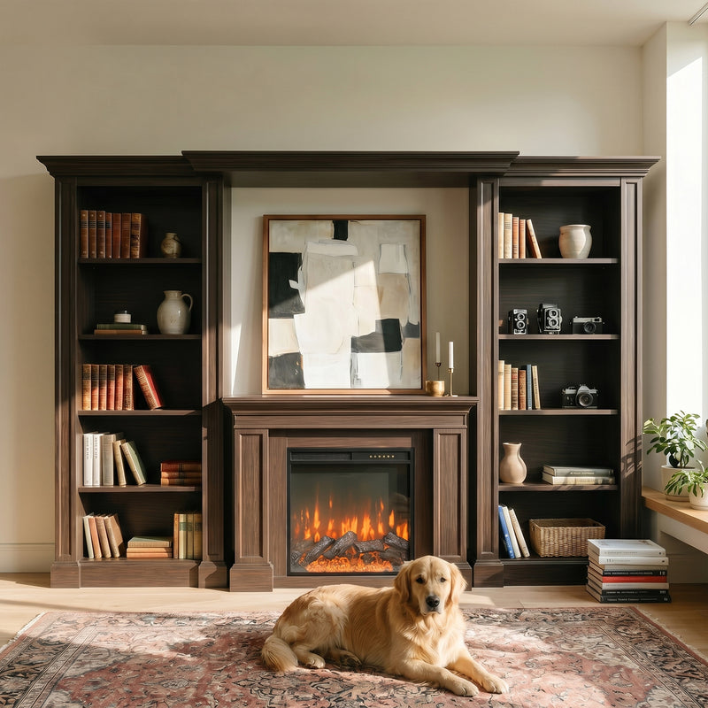 Traditional Entertainment Center with Built-In Electric Fireplace and Bookshelves-Brown