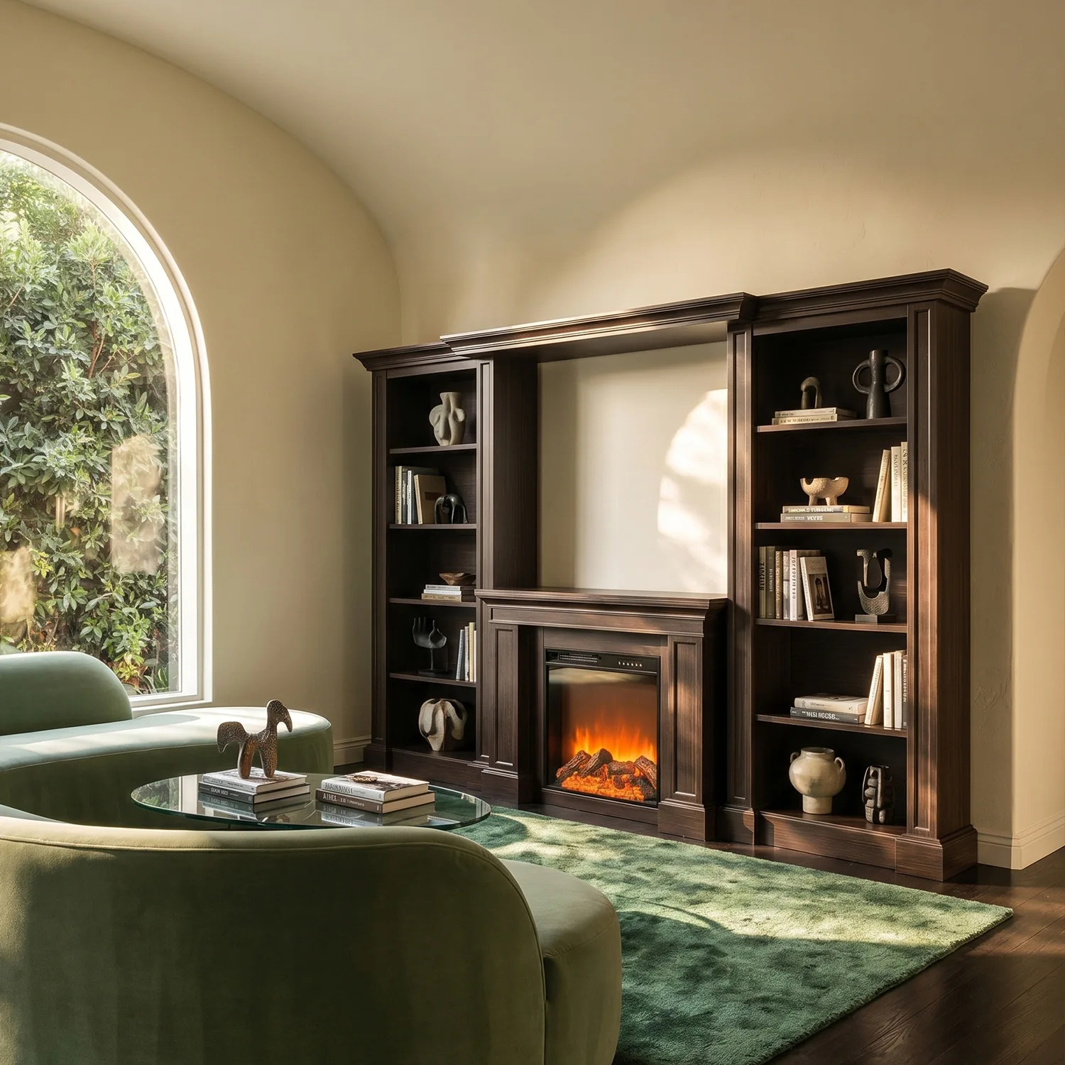 Traditional Entertainment Center with Built-In Electric Fireplace and Bookshelves-Brown