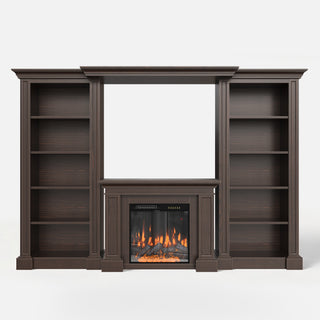 Traditional Entertainment Center with Built-In Electric Fireplace and Bookshelves-Brown