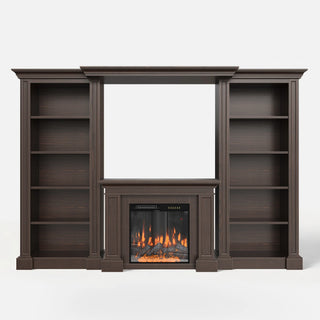 Traditional Entertainment Center with Built-In Electric Fireplace and Bookshelves-Brown