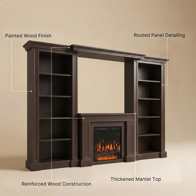 Traditional Entertainment Center with Built-In Electric Fireplace and Bookshelves-Brown