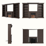 Traditional Entertainment Center with Built-In Electric Fireplace and Bookshelves-Brown