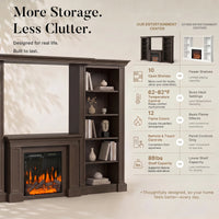 Traditional Entertainment Center with Built-In Electric Fireplace and Bookshelves-Brown