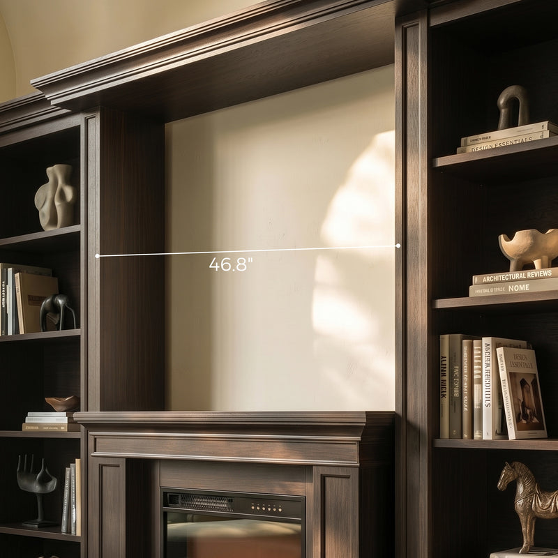 Traditional Entertainment Center with Built-In Electric Fireplace and Bookshelves-Brown