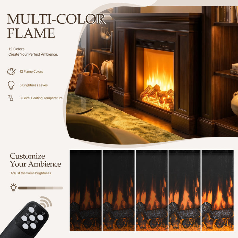 Traditional Entertainment Center with Built-In Electric Fireplace and Bookshelves-Brown