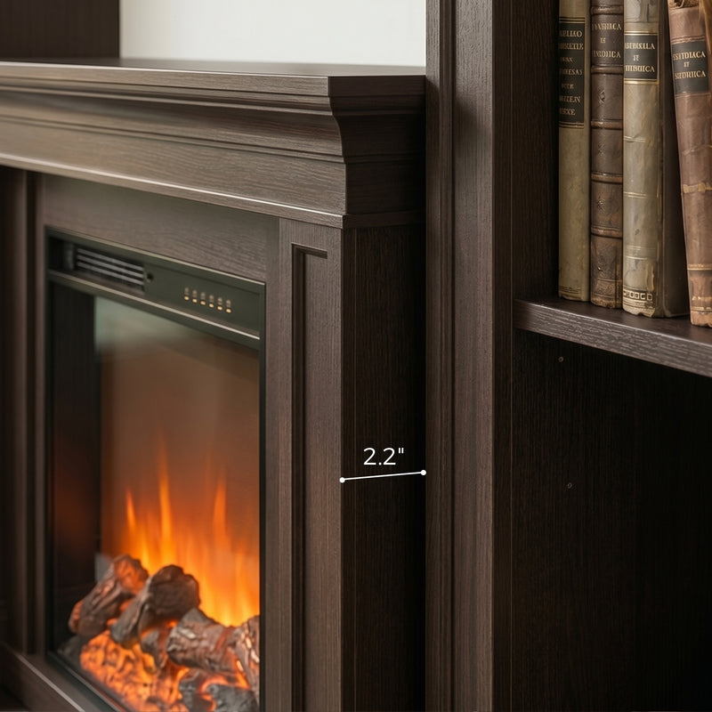 Traditional Entertainment Center with Built-In Electric Fireplace and Bookshelves-Brown