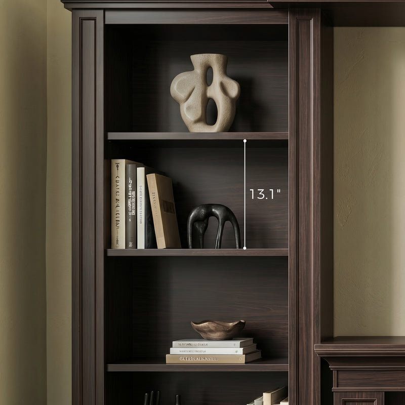 Traditional Entertainment Center with Built-In Electric Fireplace and Bookshelves-Brown