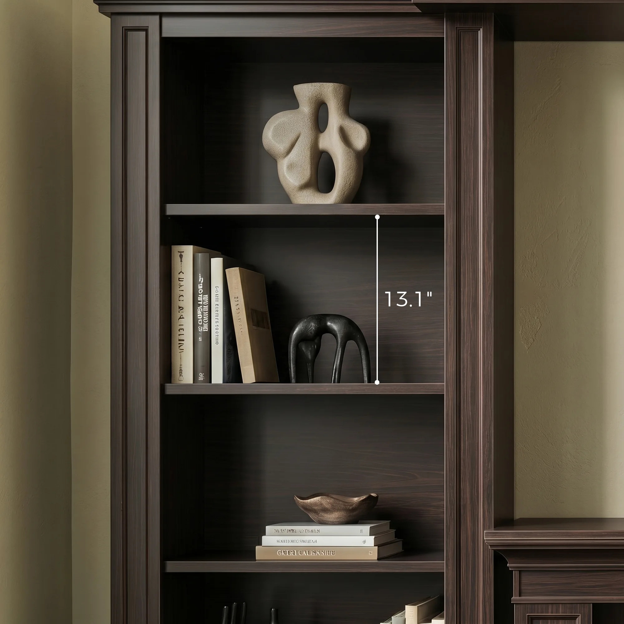 Traditional Entertainment Center with Built-In Electric Fireplace and Bookshelves-Brown