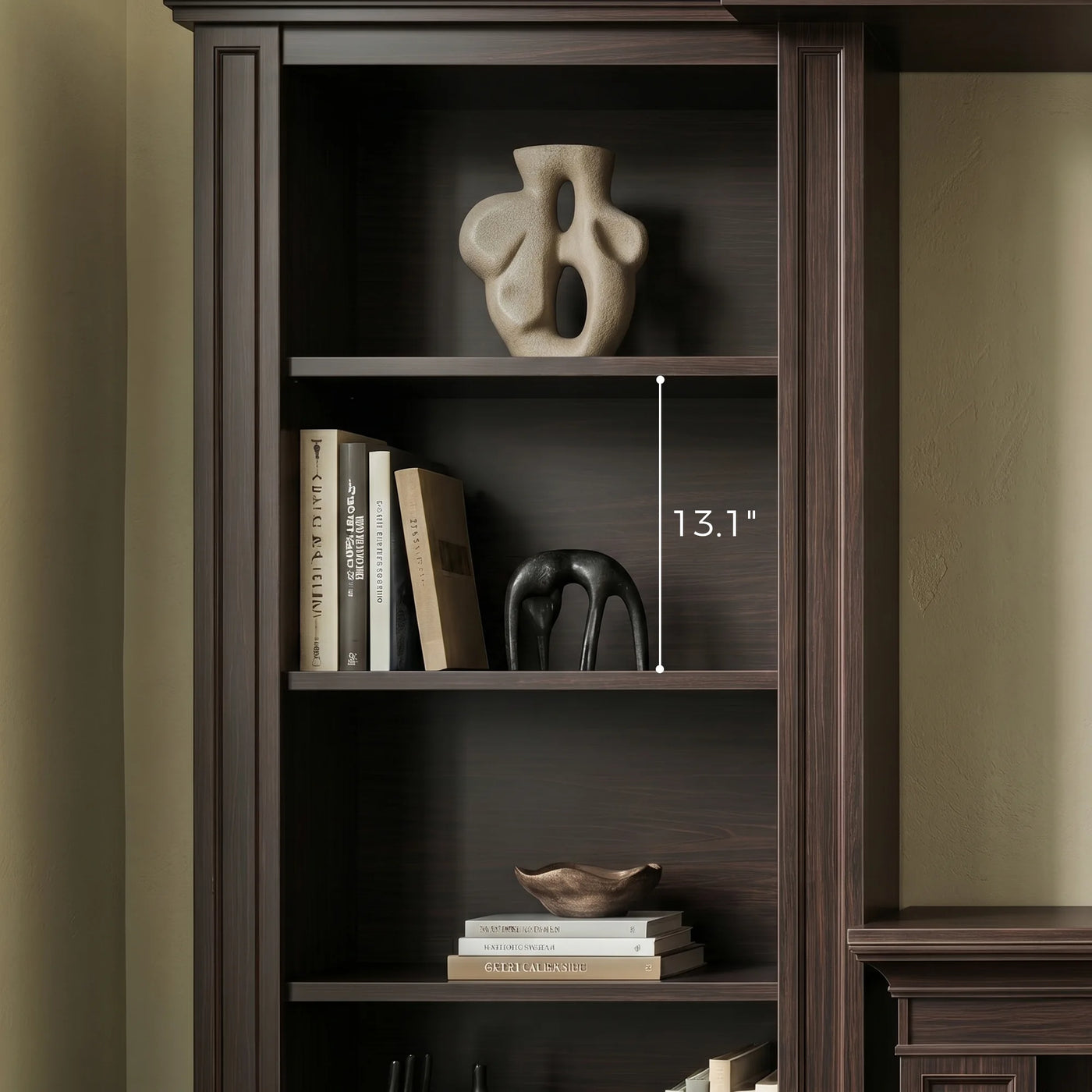 Traditional Entertainment Center with Built-In Electric Fireplace and Bookshelves-Brown