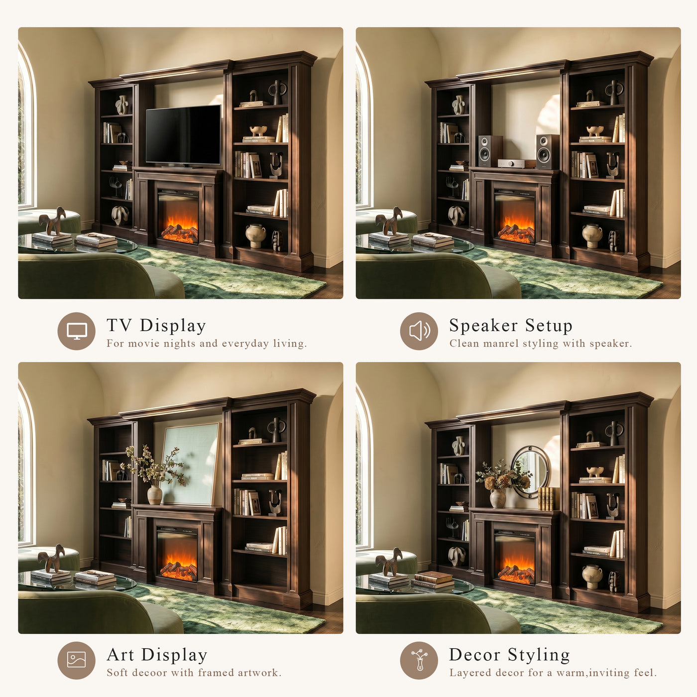 Traditional Entertainment Center with Built-In Electric Fireplace and Bookshelves-Brown