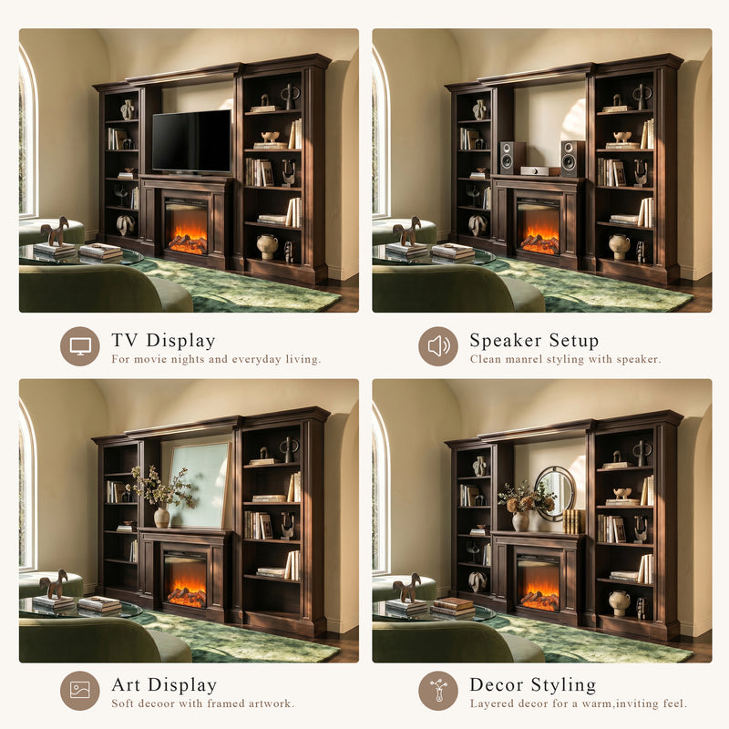 Traditional Entertainment Center with Built-In Electric Fireplace and Bookshelves-Brown